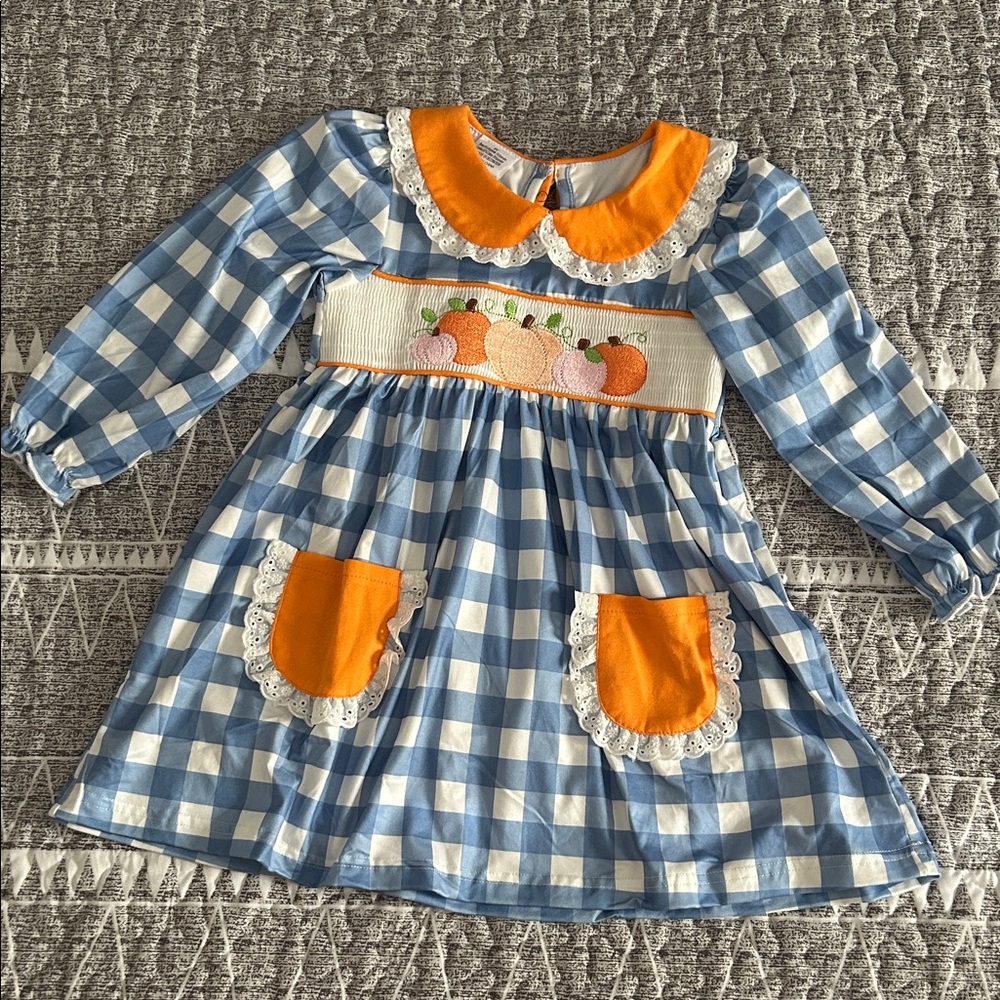 Blue and Orange Checkered Kids Dress, embroidered design, NWOT